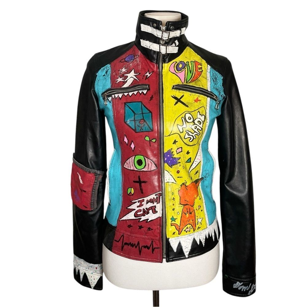 Vintage Black Faux Leather Jacket, women’s small. Bad Gal Hand Painted Punk Moto